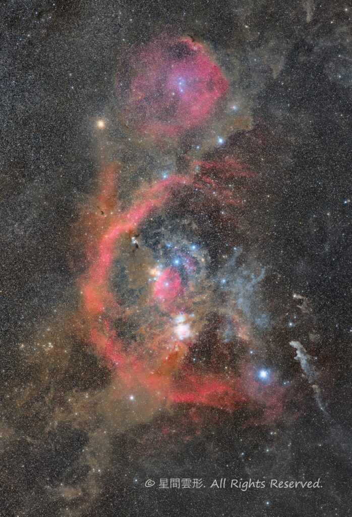 オリオン座を構成する星雲たち – 2022年1月 – Zeiss Milvus 135mm f2 + Apo Spnnar 135mm f2, Vixen SXD2, Canon EOS6D iso1600 3min x 250 (9パネルモザイク・総露光:12時間30分)