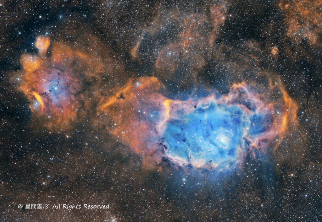 M8, 2022年6-7月, e130d, Skywatcher EQ6R, ZWO ASI294MM Pro, Baader 6.5nm High Speed Narrow Band Filter, Ha 5minx14, Sii :5min x 40, Oiii: 5min x 44（総露出8時間10分） ,星ナビ2022年10月号入選