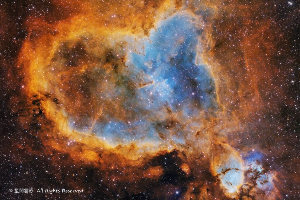IC1805 – 2022年10月-11月, e130d, Skywatcher EQ6R, ZWO ASI294MM Pro, Baader 6.5nm High Speed Narrow Band Filter, Ha 7minx202, Sii :7min x 162, Oiii: 7min x 243（総露出70時間49分）,2024年ビクセンオリジナル天体カレンダー入選