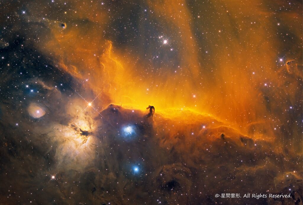 馬頭星雲SHO合成 – 2022年10月-12月, e130d, Skywatcher EQ6R, ZWO ASI294MM Pro, Baader 6.5nm High Speed Narrow Band Filter, Ha 7minx148, Sii :7min x 148, Oiii: 7min x 78（総露出43時間38分）
