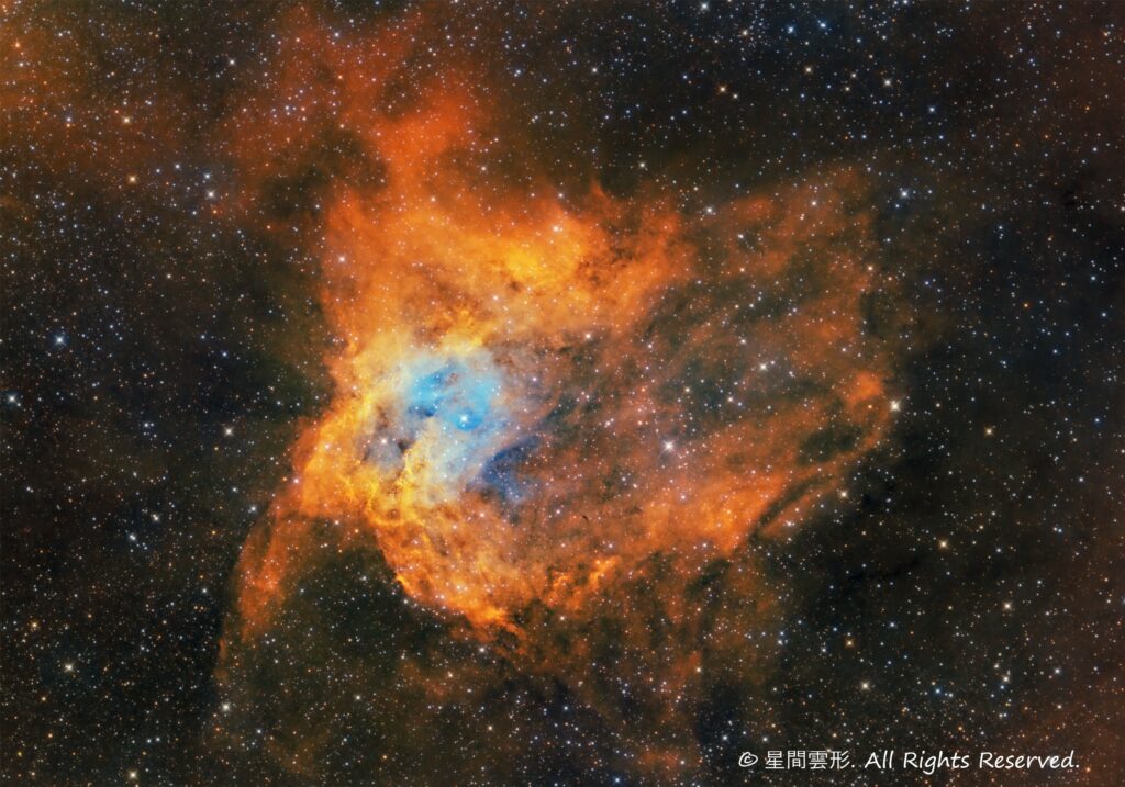 sh2-280, 2023年1月-2月, e130d, Skywatcher EQ6R, ZWO ASI294MM Pro, Baader 6.5nm High Speed Narrow Band Filter, Ha 7minx174, Sii :7min x 148, Oiii: 7min x 196（総露出60時間26分）, 天文ガイド2023年5月号 入選