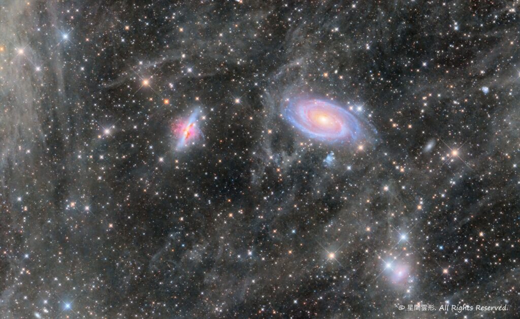 INTEGRATED FLUX NEBULA & M81,M82, – 2023年1月 , e130d, Skywatcher EQ6R, ZWO ASI294MM Pro, Astrodon LRGB Filter L: 5minx90, R:5min x 42, G: 5min x 42, B:5min x 42,（総露出18時間00分） ,星ナビ2023年5月号入選