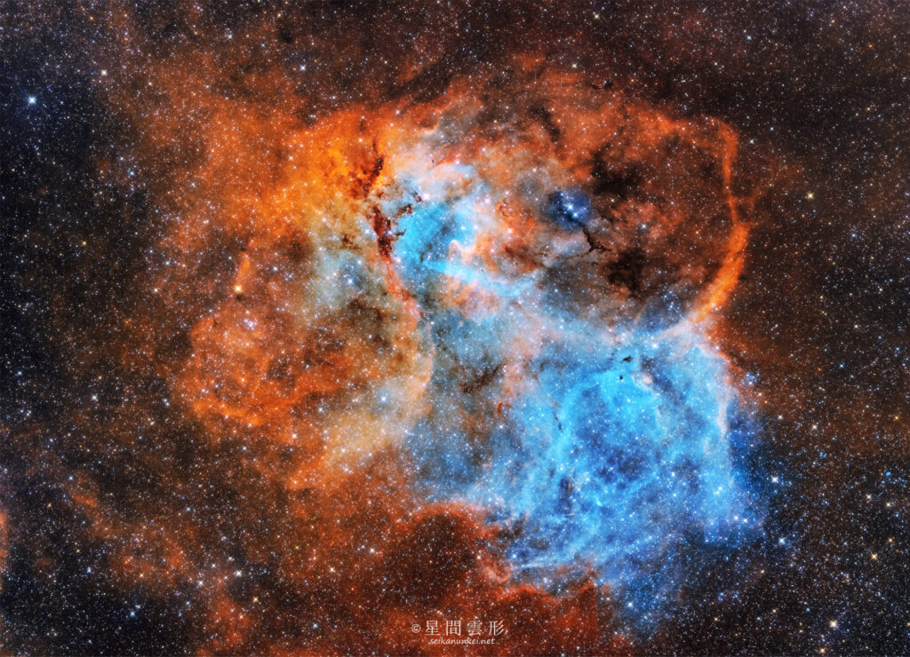 ライオン星雲 sh2-132, 2022年9月,2023年6月-7月 e130d, Skywatcher EQ6R, ZWO ASI294MM Pro, Baader 6.5nm High Speed Narrow Band Filter, Ha 7min x 123, Sii :7min x 59, Oiii: 7min x 76（総露出30時間46分）