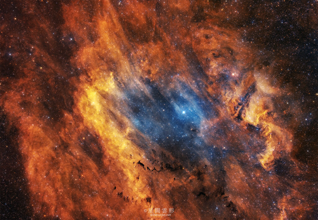 sh2-119, 2023年7月-8月 e130d, Skywatcher EQ6R, ZWO ASI294MM Pro, Baader 6.5nm High Speed Narrow Band Filter, Ha 7min x 48, Sii :7min x 86, Oiii: 7min x 63, (カラー: 1分 x 54枚※星色のみ)（総露出23時間53分）, 星ナビ2023年11月号 入選