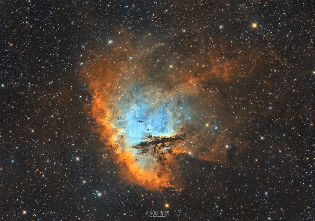 NGC281 – 2023年9月-10月 e130d, Skywatcher EQ6R, ZWO ASI294MM Pro, Baader 6.5nm High Speed Narrow Band Filter, Ha 7min x 118, Sii :7min x 79, Oiii: 7min x 101, (カラー: 1分 x 37枚※星色のみ)（総露出35時間23分）, 星ナビ2024年1月号 入選, アストロアーツ 星空こよみ ASTROGUIDE CALENDAR 2025 壁掛け版採用