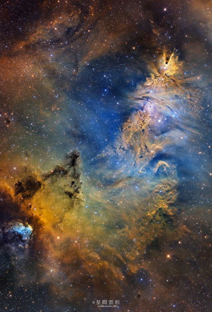 Christmas Tree Cluster – 2023年11月-12月 e130d, Skywatcher EQ6R, ZWO ASI294MM Pro, Baader 6.5nm High Speed Narrow Band Filter, Ha 7min x 113, Sii :5min x 95, Oiii: 7min x 112, (カラー: 1分 x 60枚※星色のみ)（総露出31時間26分）