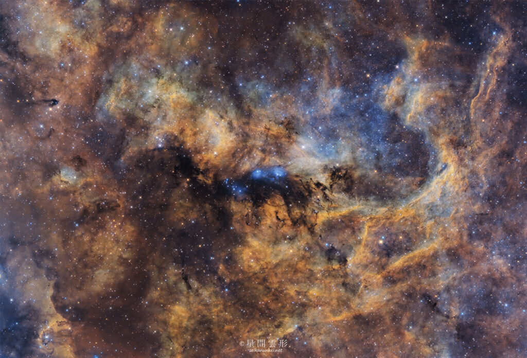 NGC6914 SHO – 2024年3月-5月 e130d x2, Skywatcher EQ6R, ZWO ASI294MM Pro, Baader 6.5nm High Speed Narrow Band Filter, Ha 7min x 112, Sii 7min x 111, Oiii: 7min x 96, ZWO ASI2600MC Proカラー: 1分 x 100枚※星色のみ,（総露出38時間53分）