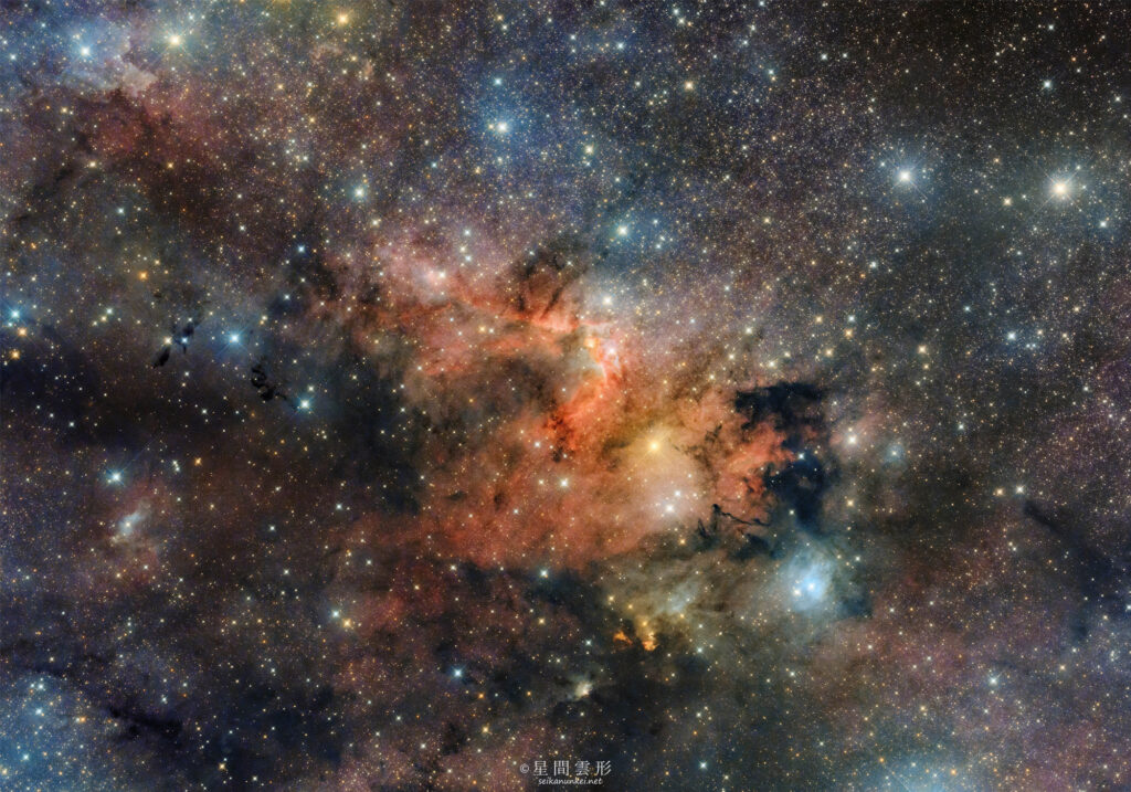 Sh2-155（洞窟星雲）– 2024年7月～8月 , e130d x2, Skywatcher EQ6R, ZWO ASI294MM Pro& Astrodon LRGB Filter L: 5minx133, ZWO ASI2600MC Pro 5minx133,（総露出22時間10分）