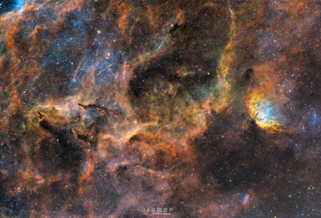 sh2-101 – 2024年7月-8月 e130d x2, Skywatcher EQ6R, ZWO ASI294MM Pro, Baader 6.5nm High Speed Narrow Band Filter, Ha 7min x 57, Sii 7min x 69, Oiii: 7min x 62, ZWO ASI2600MC Proカラー: 1分 x 60枚※星色のみ,（総露出22時間56分）