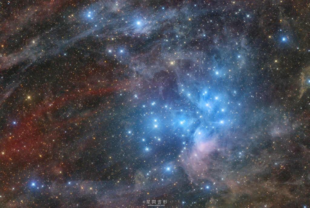 M45 – 2025年9月～10月 , e130d x2, Skywatcher EQ6R, ZWO ASI294MM Pro& Astrodon LRGB Filter L: 3分 x 51～71枚, 4枚モザイク + Chroma 5nm Narrow Band Filter Ha: 10分 x 16～24枚, 4枚モザイク , ZWO ASI2600MC Pro Color: 3分 x 51～71枚, 4枚モザイク,（総露出38時間14分）, 星ナビ2026年1月号 入選